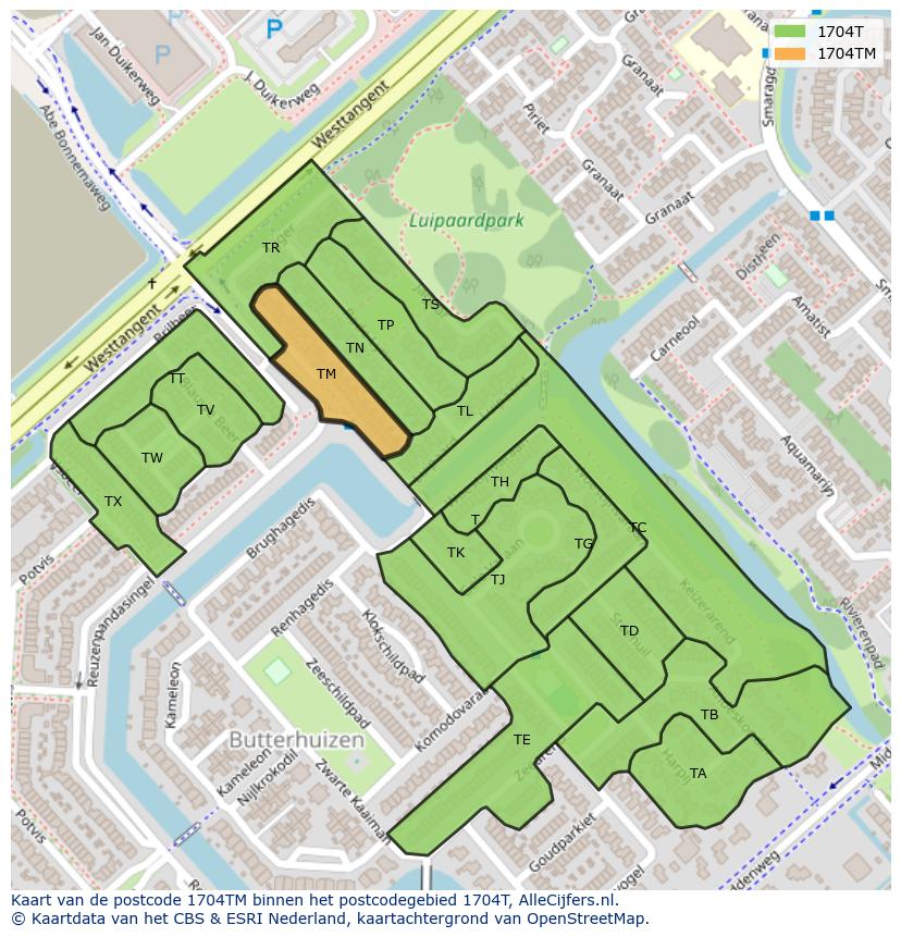 Afbeelding van het postcodegebied 1704 TM op de kaart.