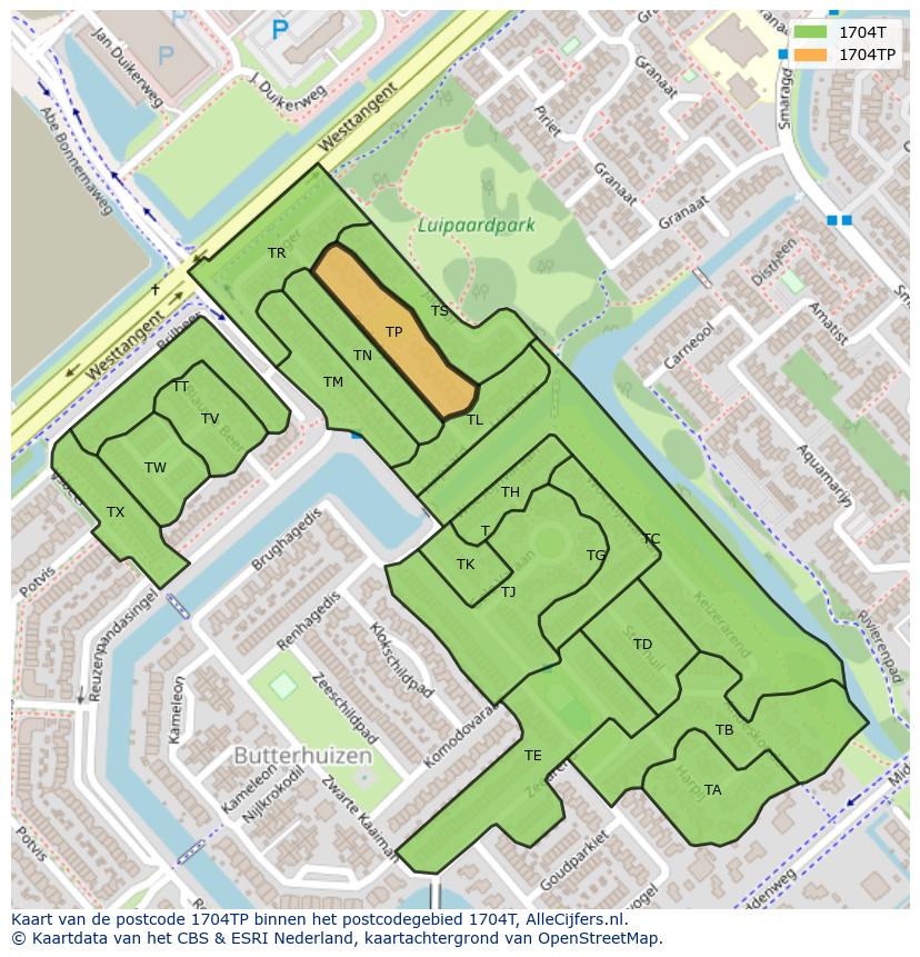 Afbeelding van het postcodegebied 1704 TP op de kaart.