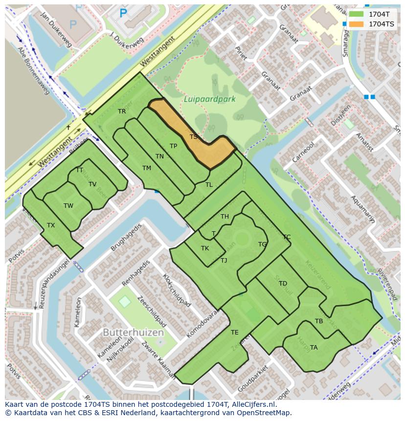 Afbeelding van het postcodegebied 1704 TS op de kaart.