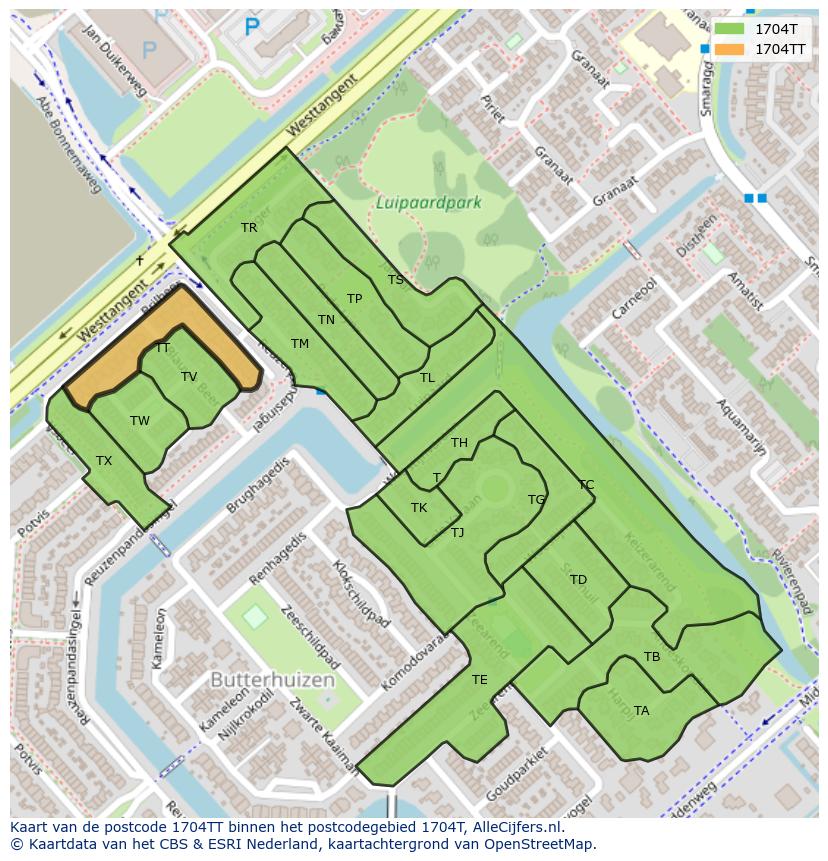 Afbeelding van het postcodegebied 1704 TT op de kaart.