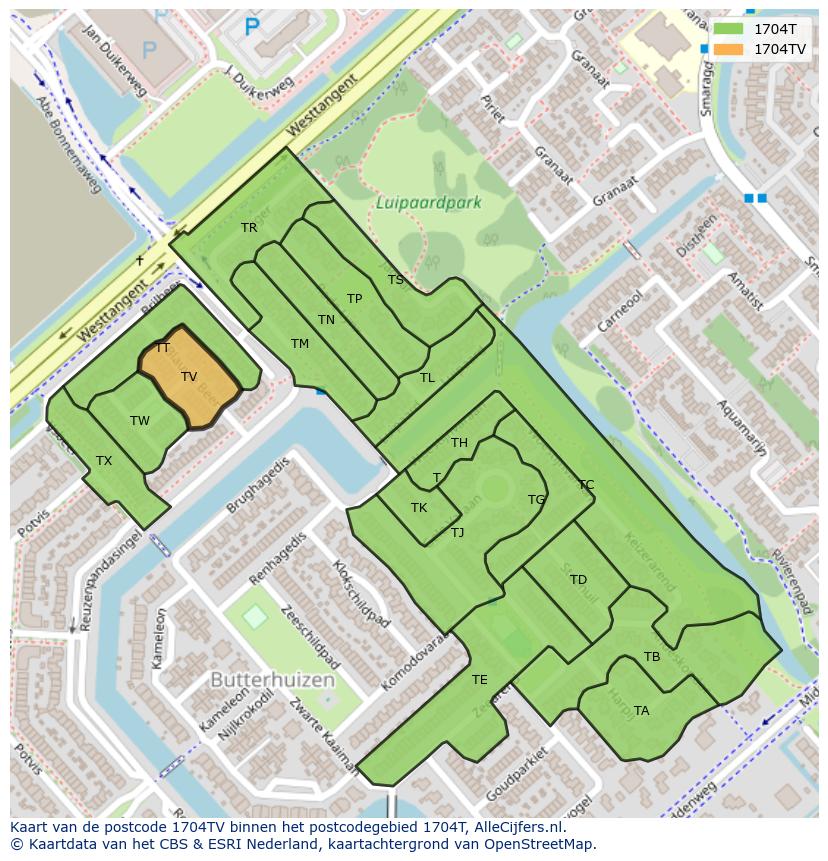 Afbeelding van het postcodegebied 1704 TV op de kaart.