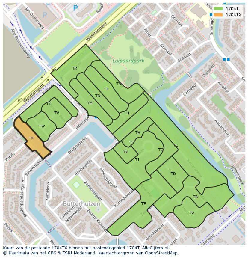 Afbeelding van het postcodegebied 1704 TX op de kaart.
