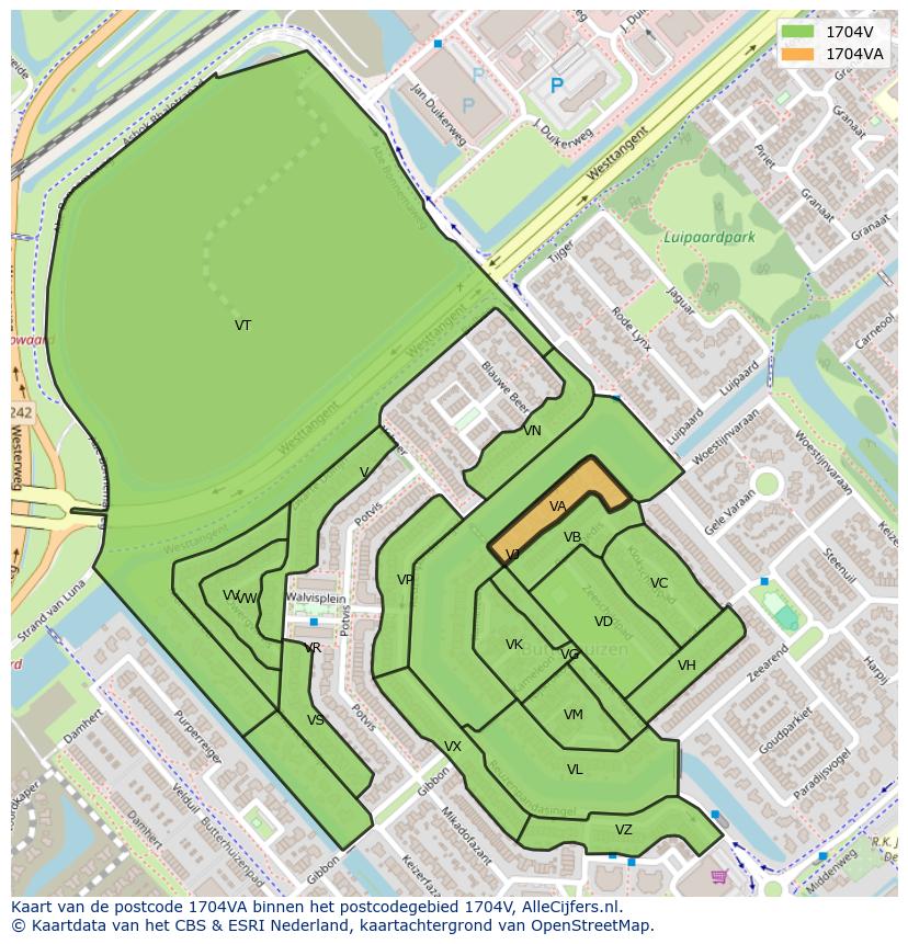 Afbeelding van het postcodegebied 1704 VA op de kaart.