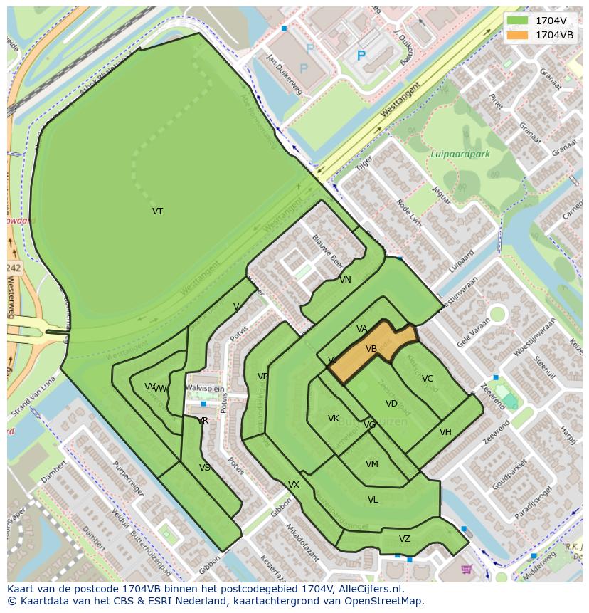 Afbeelding van het postcodegebied 1704 VB op de kaart.