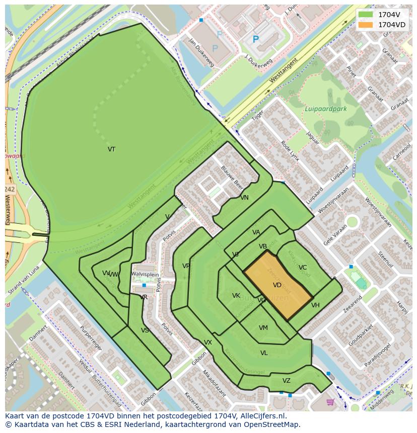 Afbeelding van het postcodegebied 1704 VD op de kaart.