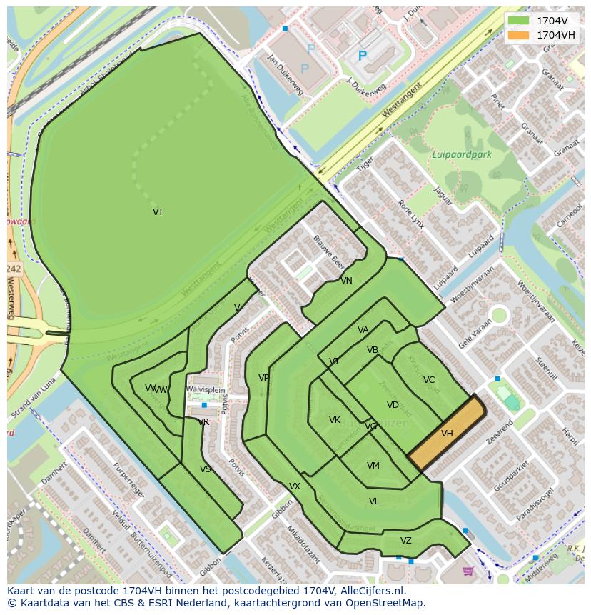 Afbeelding van het postcodegebied 1704 VH op de kaart.