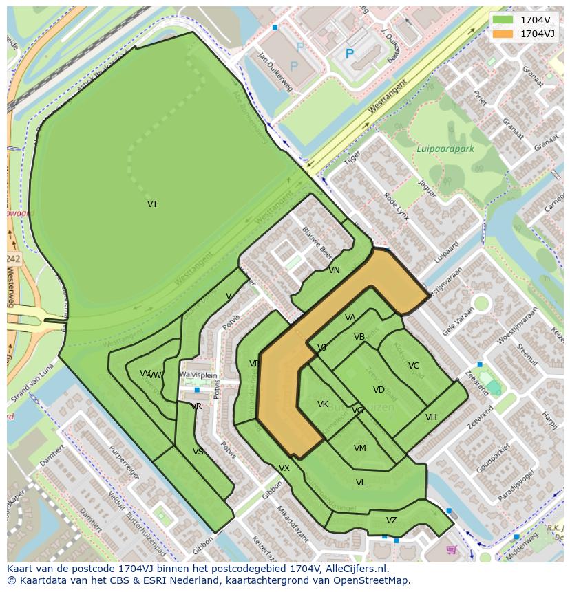 Afbeelding van het postcodegebied 1704 VJ op de kaart.