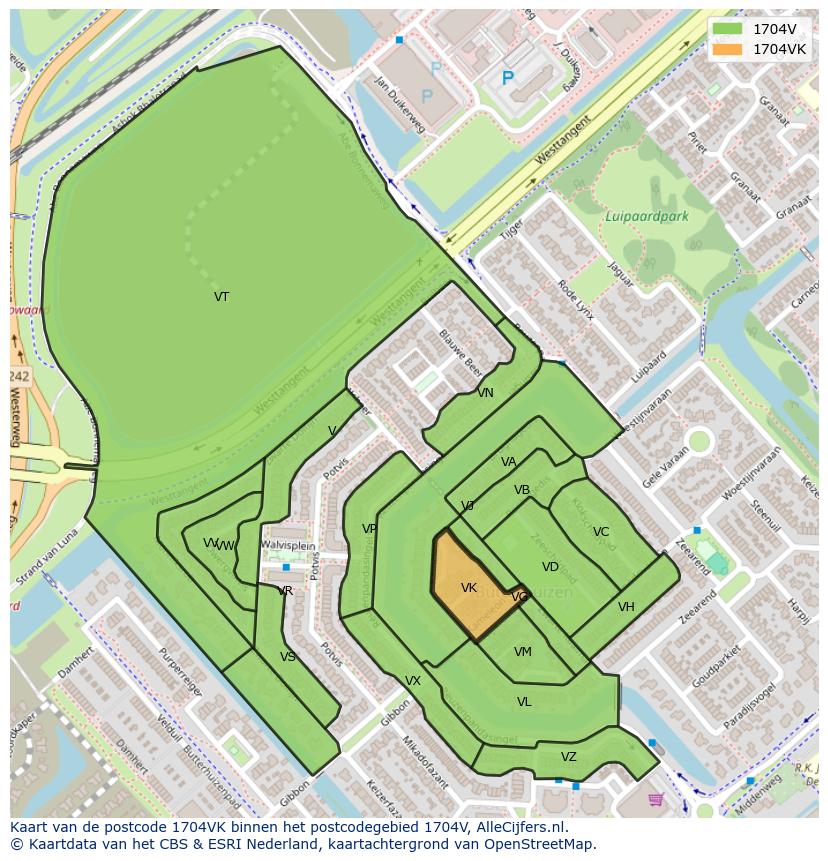 Afbeelding van het postcodegebied 1704 VK op de kaart.