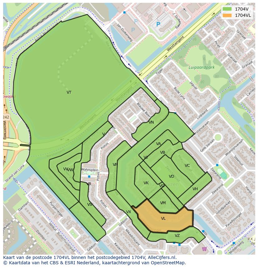 Afbeelding van het postcodegebied 1704 VL op de kaart.