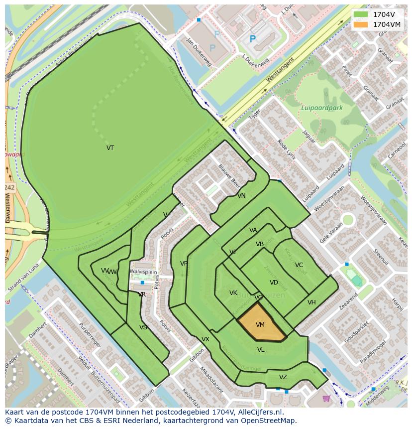 Afbeelding van het postcodegebied 1704 VM op de kaart.