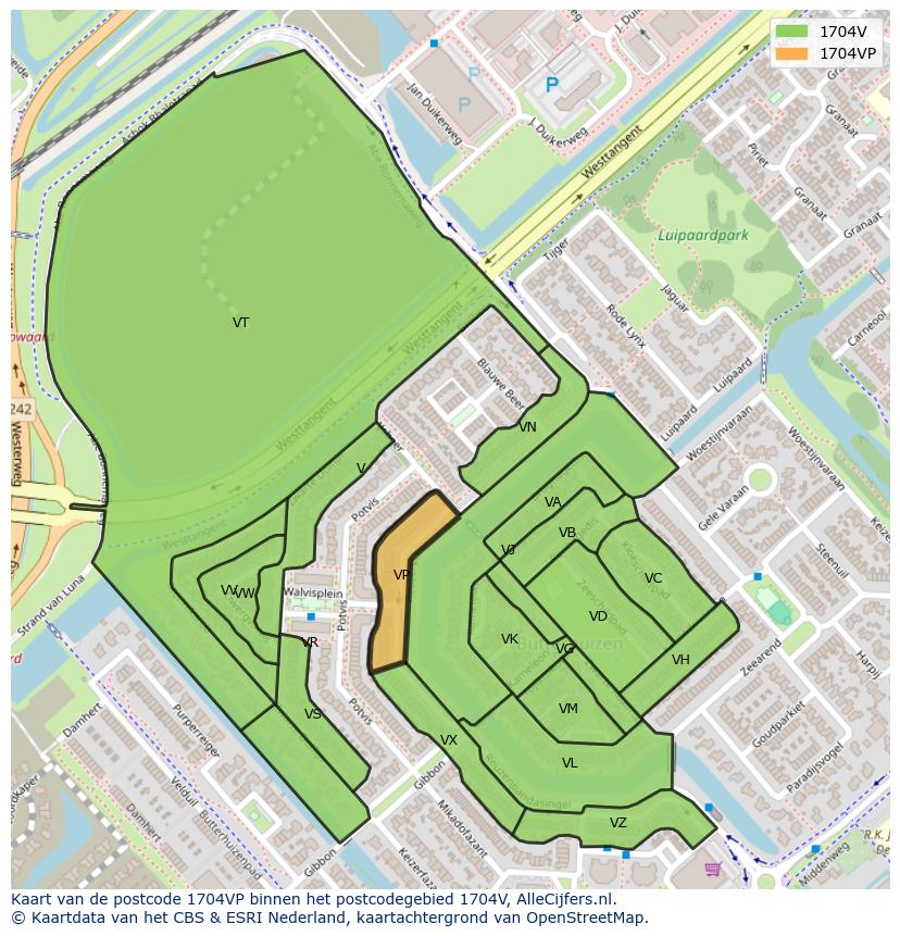 Afbeelding van het postcodegebied 1704 VP op de kaart.