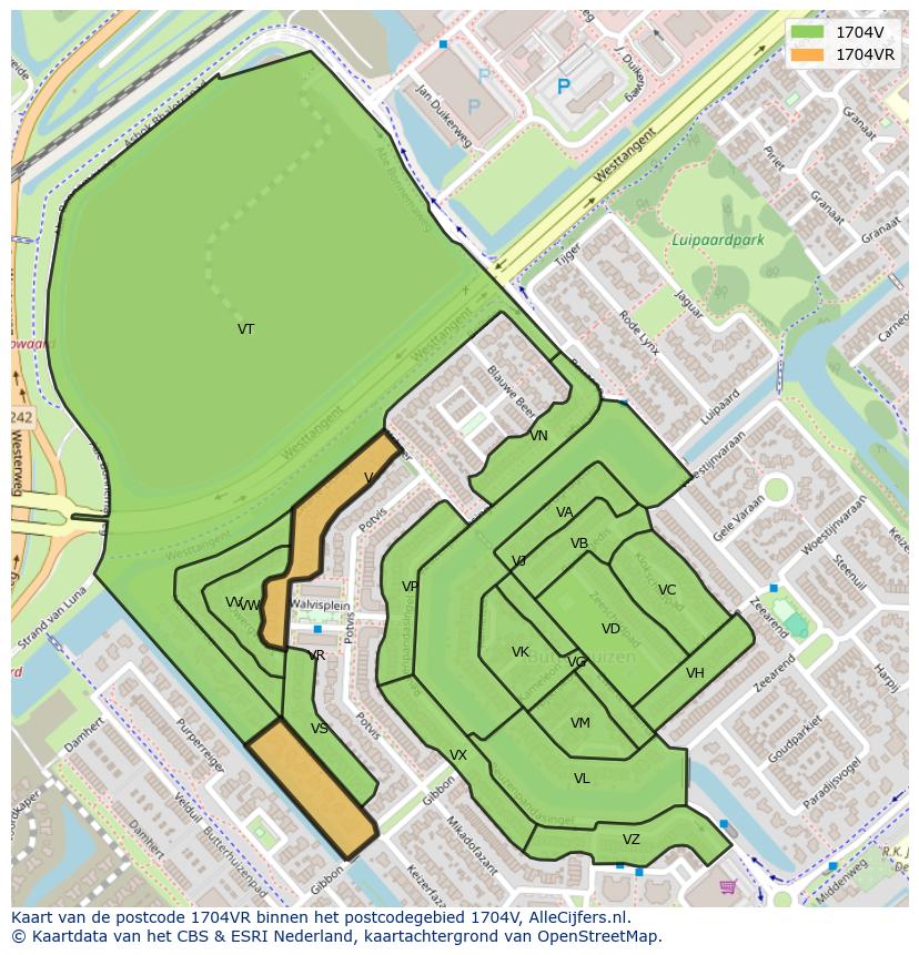 Afbeelding van het postcodegebied 1704 VR op de kaart.