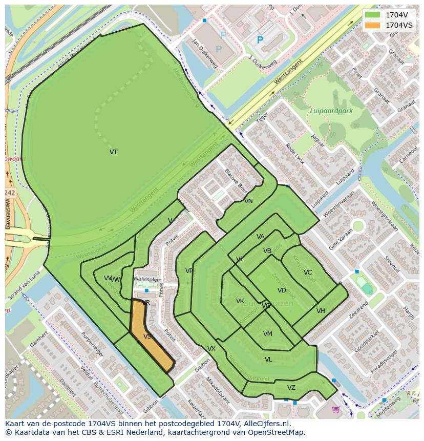 Afbeelding van het postcodegebied 1704 VS op de kaart.