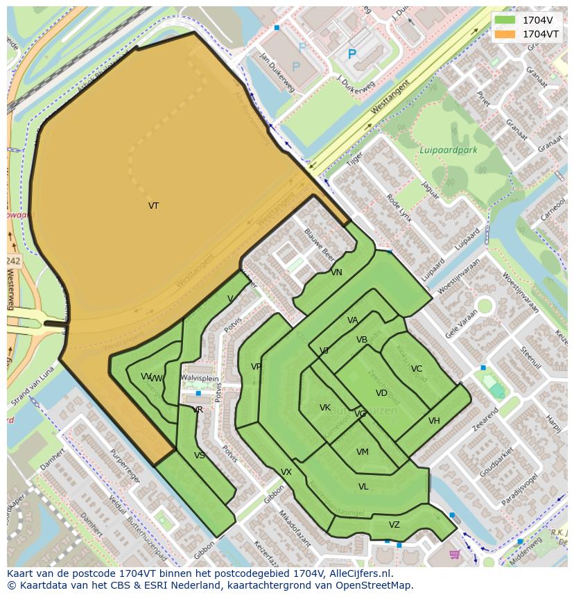 Afbeelding van het postcodegebied 1704 VT op de kaart.