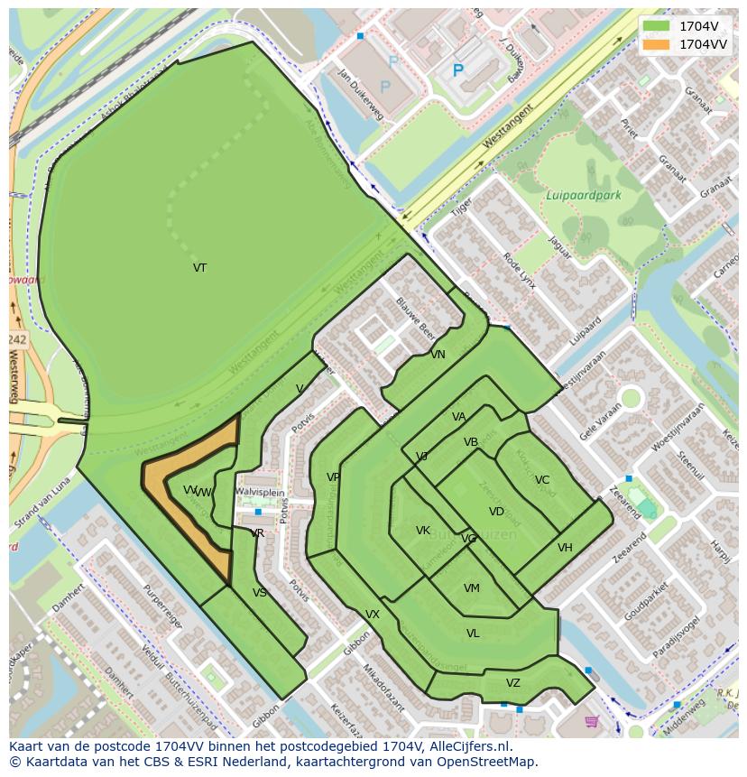 Afbeelding van het postcodegebied 1704 VV op de kaart.
