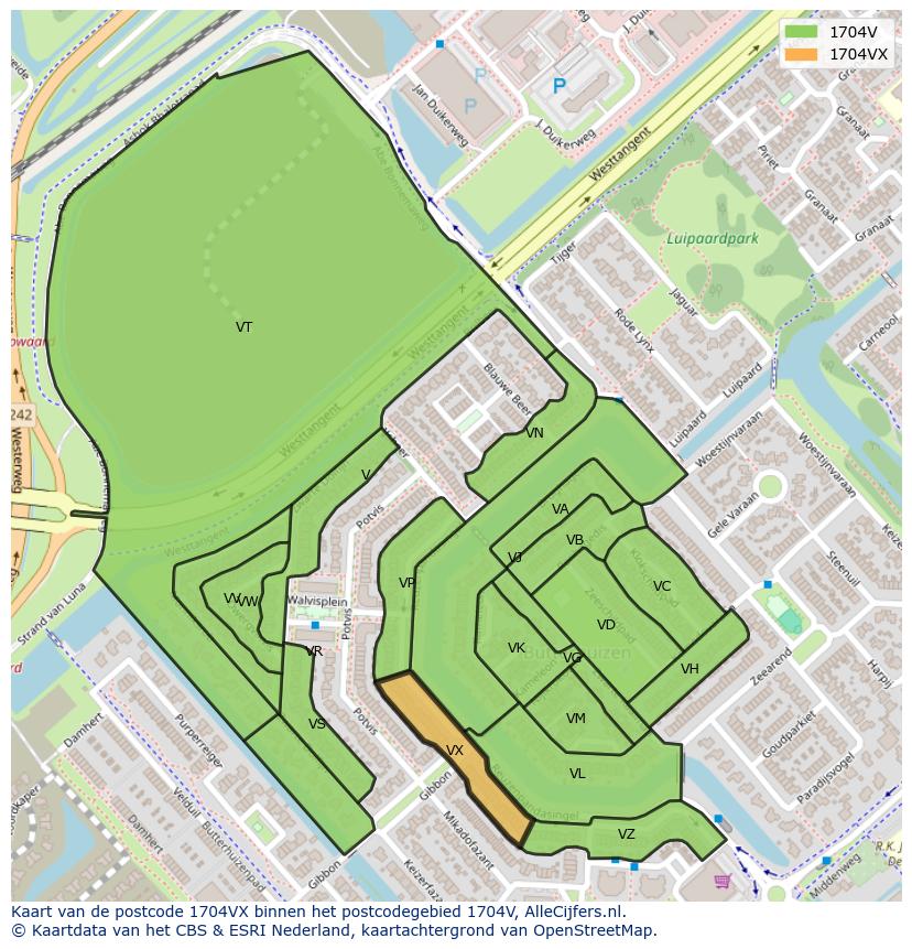 Afbeelding van het postcodegebied 1704 VX op de kaart.