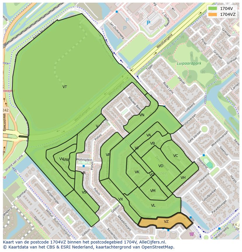 Afbeelding van het postcodegebied 1704 VZ op de kaart.