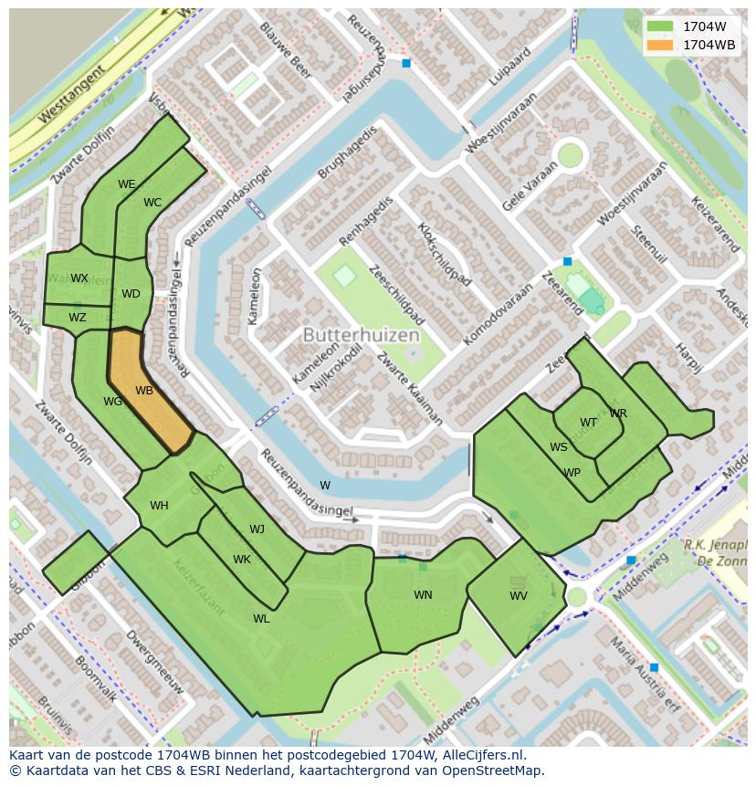 Afbeelding van het postcodegebied 1704 WB op de kaart.