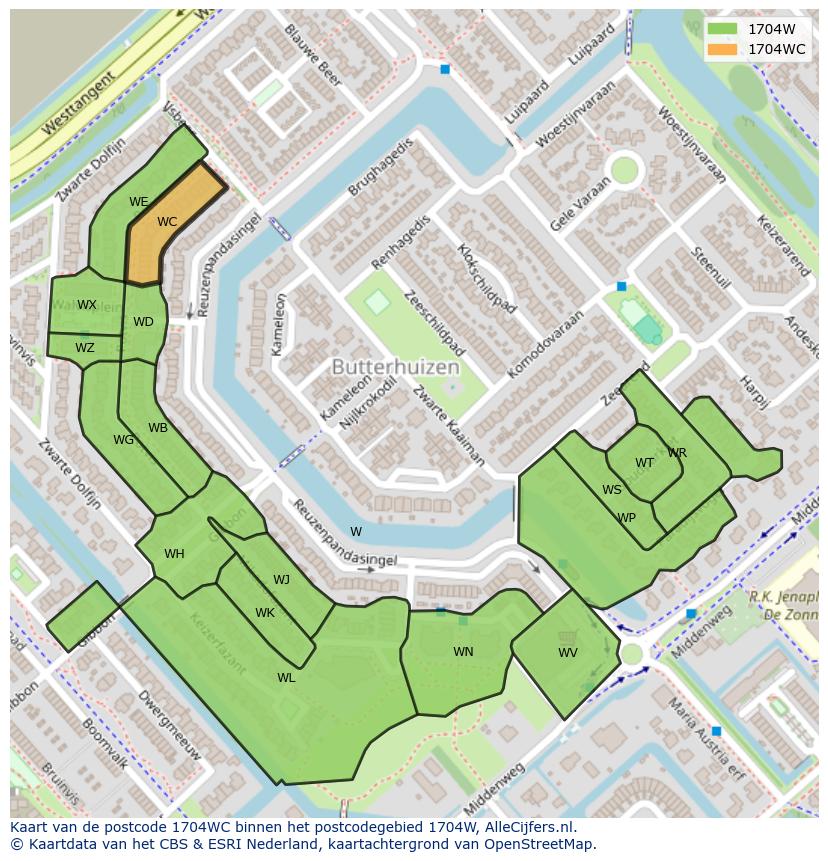 Afbeelding van het postcodegebied 1704 WC op de kaart.