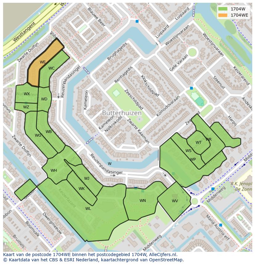 Afbeelding van het postcodegebied 1704 WE op de kaart.