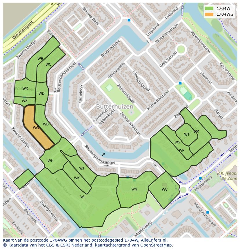 Afbeelding van het postcodegebied 1704 WG op de kaart.