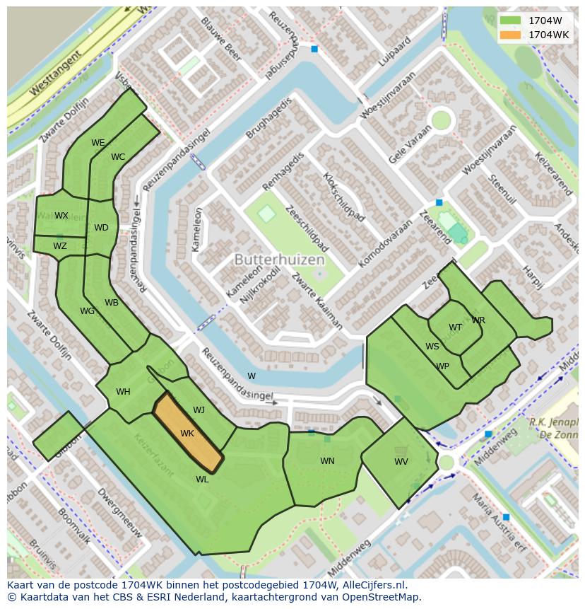 Afbeelding van het postcodegebied 1704 WK op de kaart.