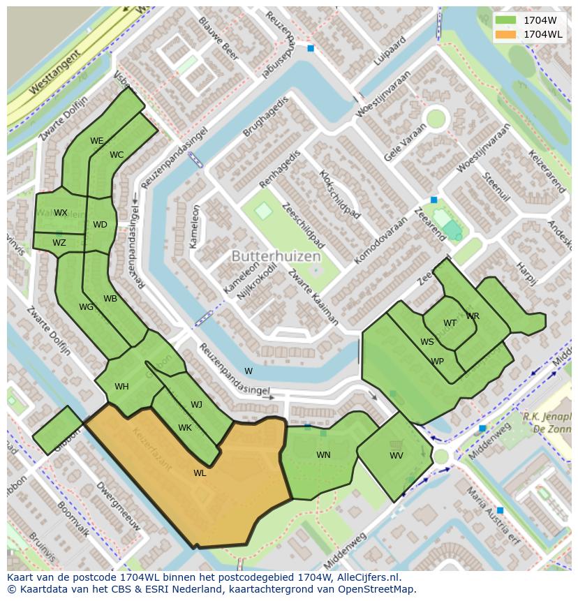Afbeelding van het postcodegebied 1704 WL op de kaart.