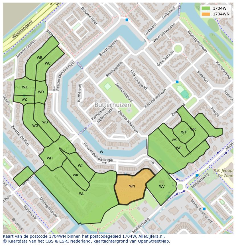 Afbeelding van het postcodegebied 1704 WN op de kaart.