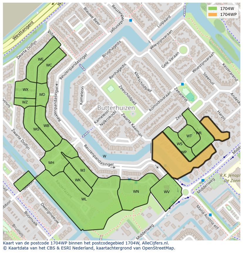 Afbeelding van het postcodegebied 1704 WP op de kaart.