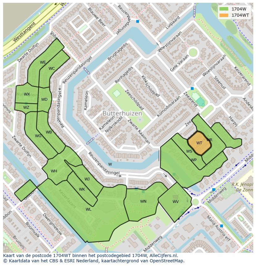 Afbeelding van het postcodegebied 1704 WT op de kaart.