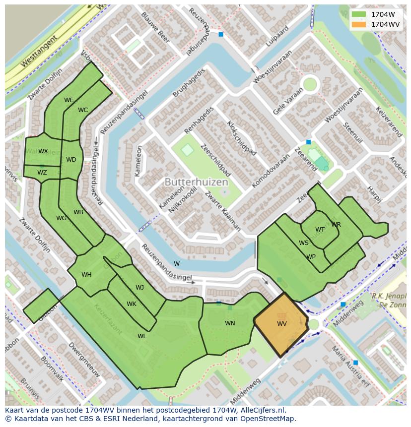Afbeelding van het postcodegebied 1704 WV op de kaart.