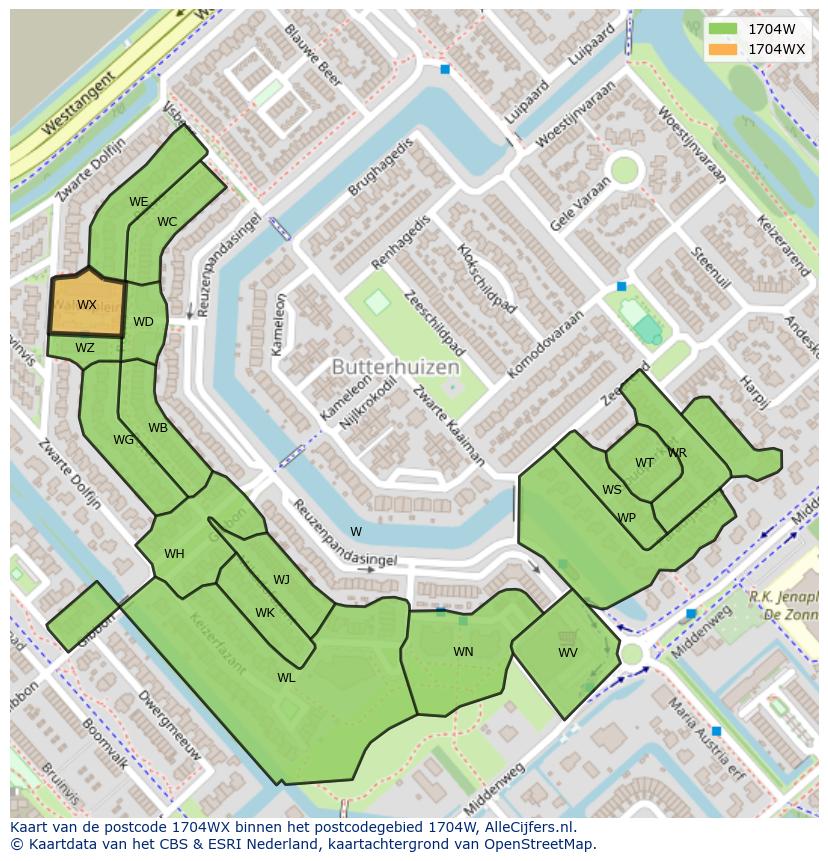 Afbeelding van het postcodegebied 1704 WX op de kaart.