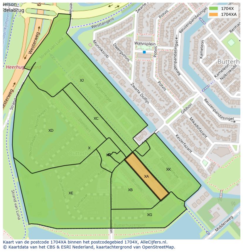 Afbeelding van het postcodegebied 1704 XA op de kaart.
