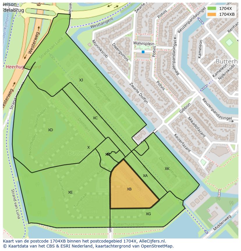Afbeelding van het postcodegebied 1704 XB op de kaart.