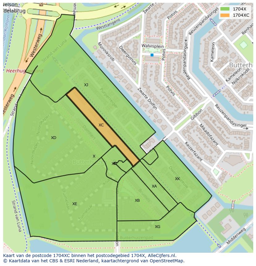 Afbeelding van het postcodegebied 1704 XC op de kaart.