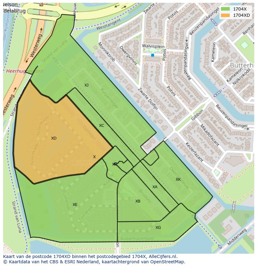 Afbeelding van het postcodegebied 1704 XD op de kaart.
