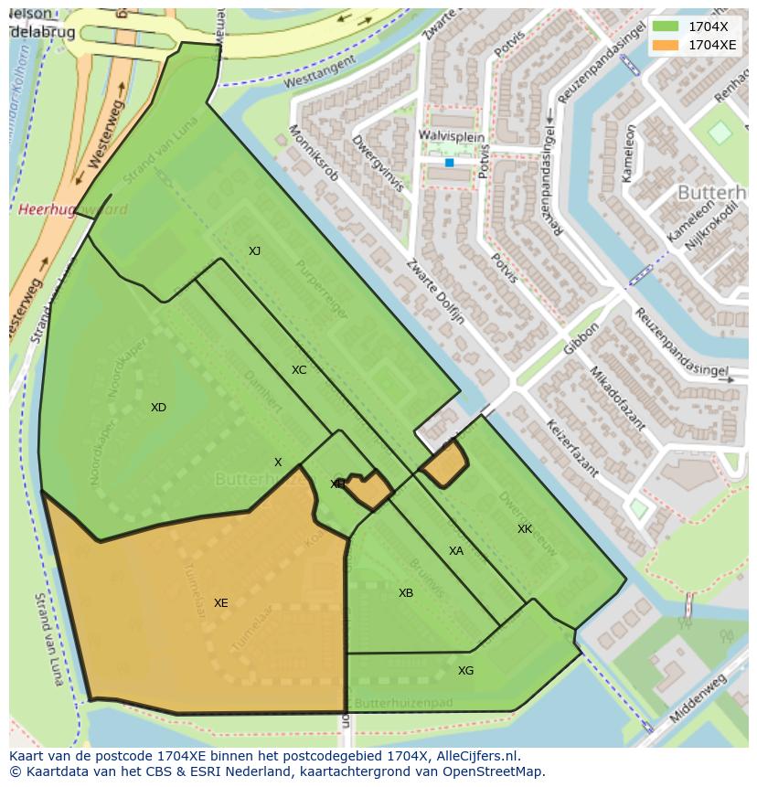 Afbeelding van het postcodegebied 1704 XE op de kaart.