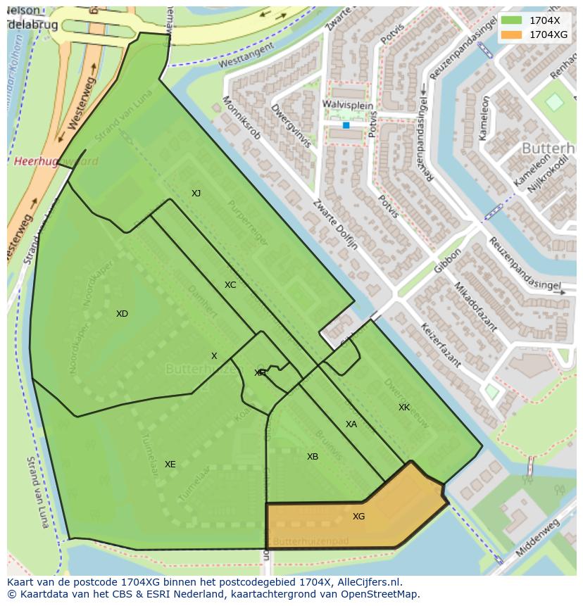 Afbeelding van het postcodegebied 1704 XG op de kaart.