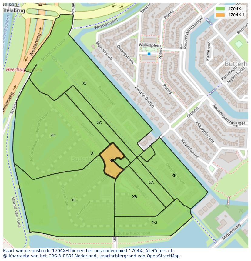 Afbeelding van het postcodegebied 1704 XH op de kaart.