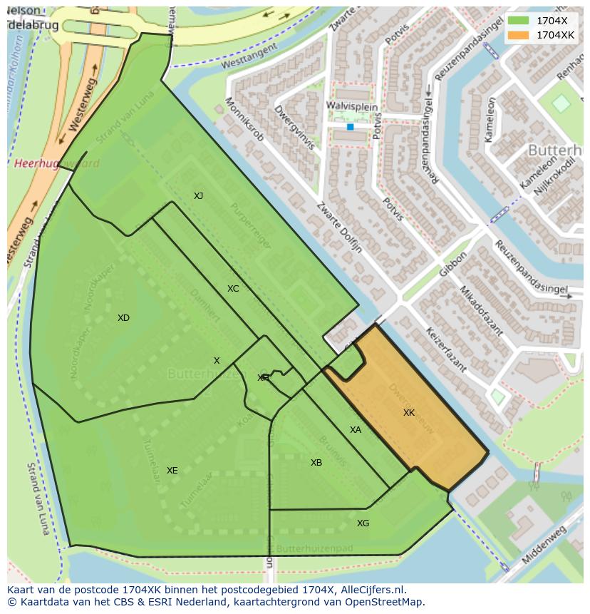 Afbeelding van het postcodegebied 1704 XK op de kaart.