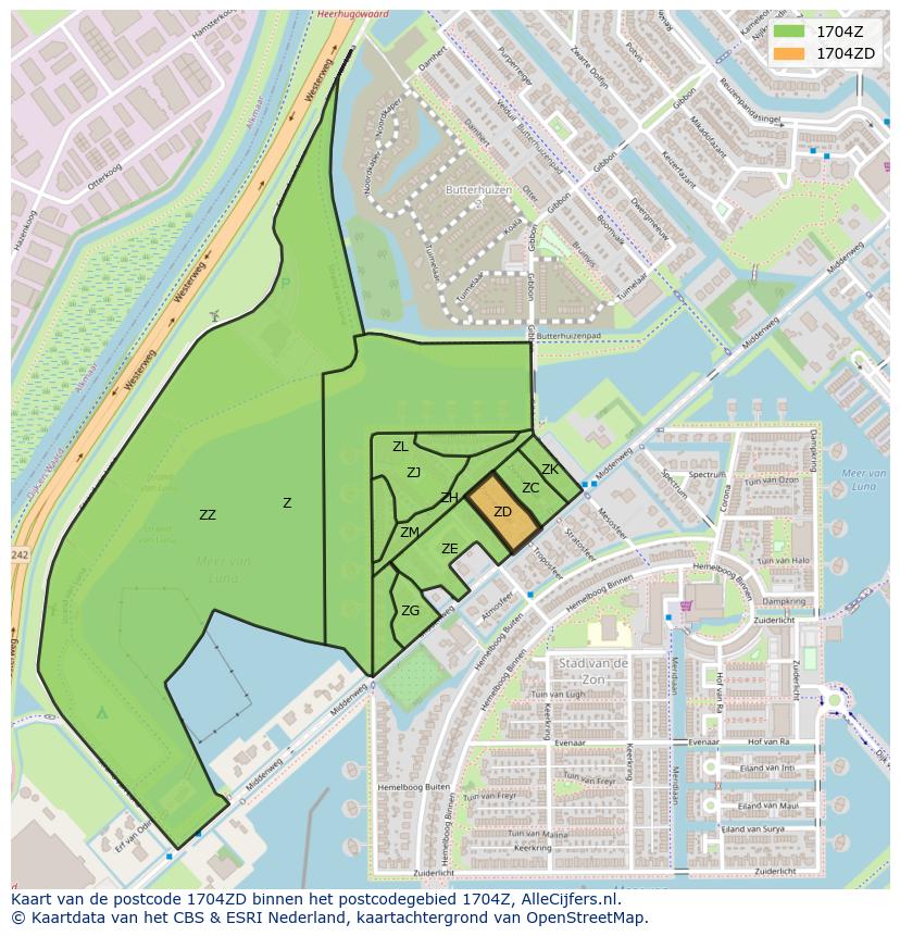 Afbeelding van het postcodegebied 1704 ZD op de kaart.