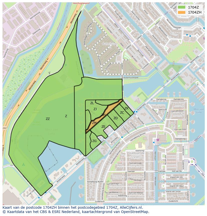 Afbeelding van het postcodegebied 1704 ZH op de kaart.