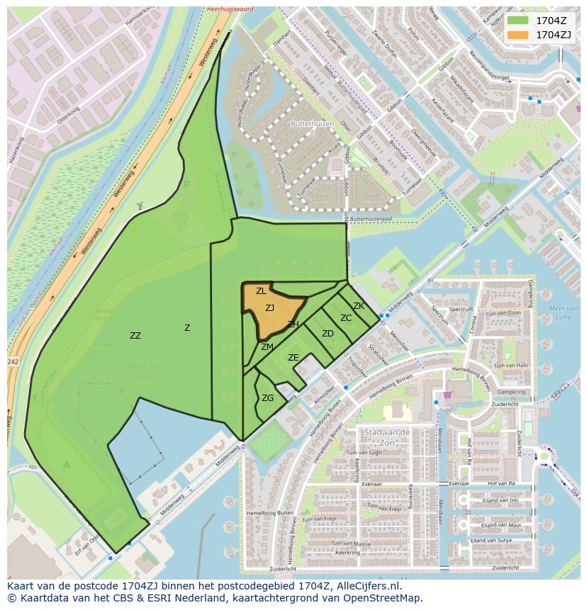 Afbeelding van het postcodegebied 1704 ZJ op de kaart.