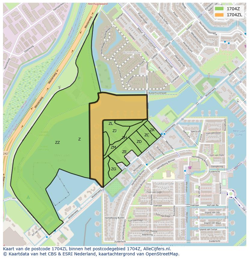 Afbeelding van het postcodegebied 1704 ZL op de kaart.