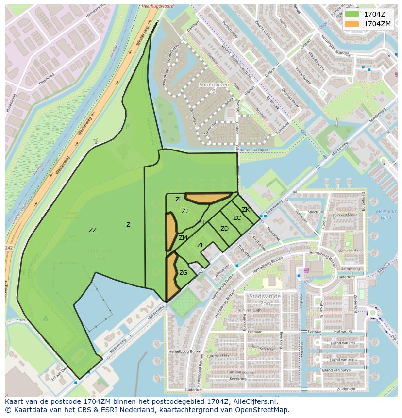 Afbeelding van het postcodegebied 1704 ZM op de kaart.