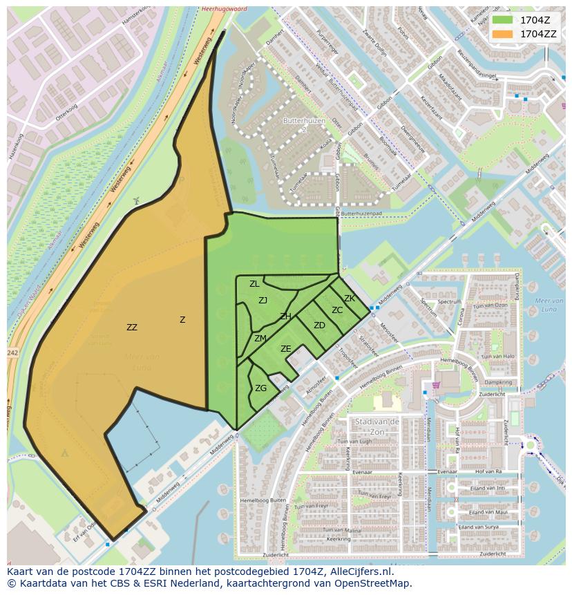 Afbeelding van het postcodegebied 1704 ZZ op de kaart.