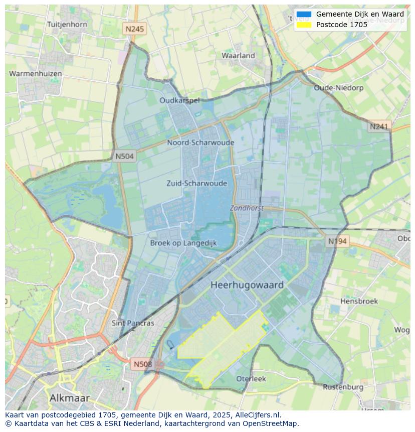 Afbeelding van het postcodegebied 1705 op de kaart.