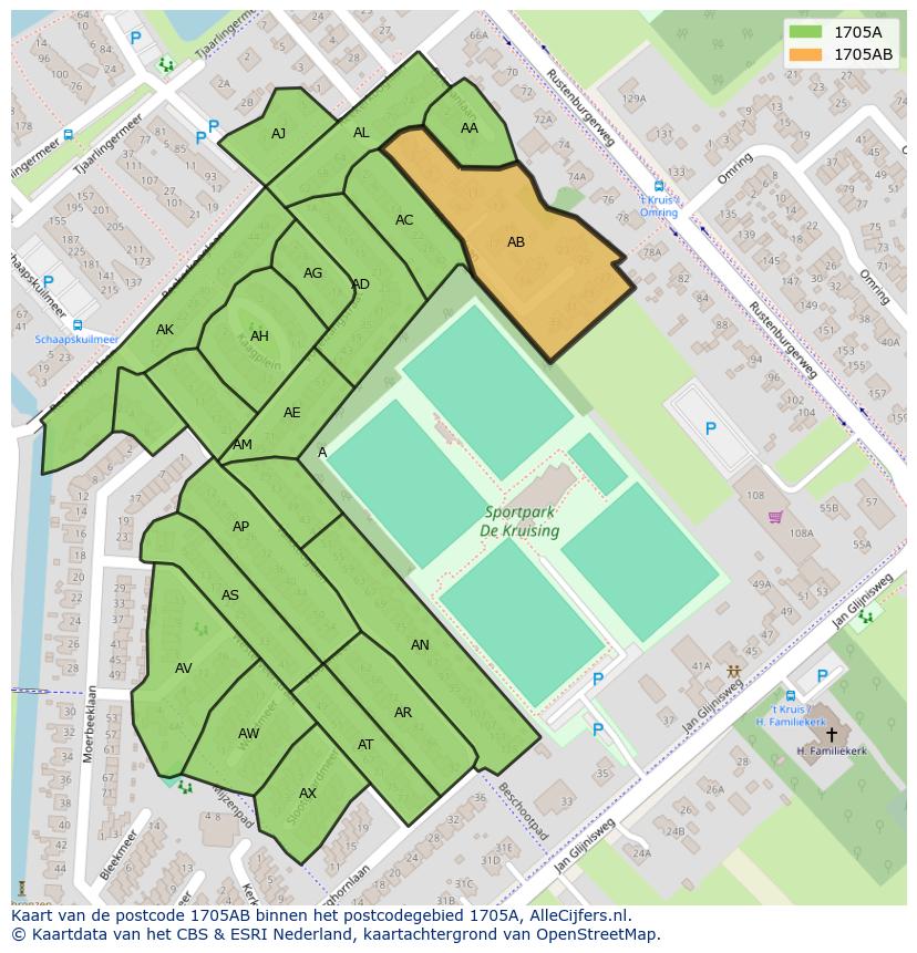 Afbeelding van het postcodegebied 1705 AB op de kaart.