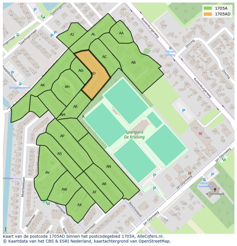 Afbeelding van het postcodegebied 1705 AD op de kaart.