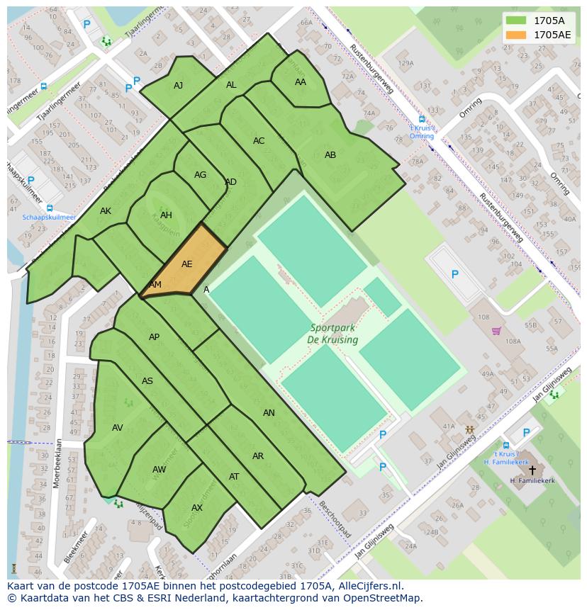 Afbeelding van het postcodegebied 1705 AE op de kaart.